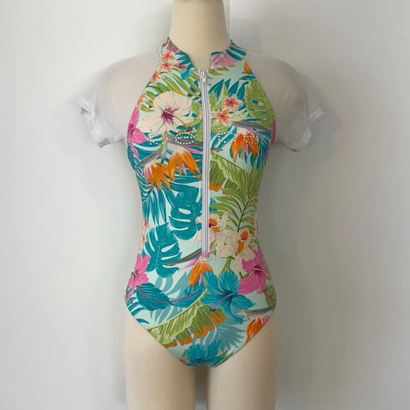 Bebe Tropical Full Zip One Piece Swimsuit Rhinestone Logo Mesh Short Sleeve M - Picture 2 of 10